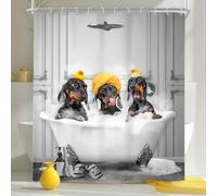 Newsely Cortina de ducha divertida de perros de 60 pulgadas de ancho x 72 pulgadas de alto, diseño de perro salchicha bañándose en la bañera, lindo animal cachorro, mascota, divertido juego de cortina