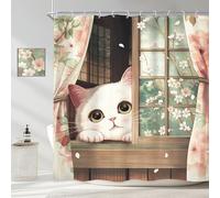 Newsely - Cortina de ducha japonesa con diseño de gatos bonitos, estilo anime divertido, flor de cerezo, estilo asiático, cortina de ducha de animales, juego de baño, decoración floral tradicional
