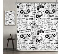 Newsely Cortina de ducha para niños, 152.4 cm de ancho x 182.9 cm de alto, videojuegos, adolescentes, niños, negro y blanco, graffiti, controlador de gamepad de juegos, cortina de ducha, juego de