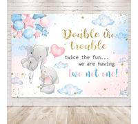 Newsely Double The Trouble Twice The Fun Twins - Fondo para decoración de Baby Shower, 7 Pulgadas de Ancho x 5 Pulgadas de Alto, fotografía de Elefante, revelación de género, Fondo Azul y Rosa