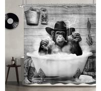 Newsely Funny Monkey - Cortina de Ducha, 72 Pulgadas de Ancho x 72 Pulgadas de Alto, chimpancé Vaquero Occidental en bañera, Cortina de Ducha de Mundo Animal Blanco y Negro, Juego de baño, para niños