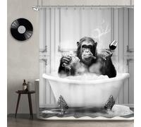 Newsely Funny Monkey - Cortina de Ducha de 152 cm de Ancho x 183 cm de Alto, diseño de chimpancé en bañera, Color Blanco y Negro, Vida Silvestre, para niños y Hombres, Juego de Cortina de Ducha