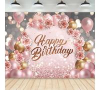 Newsely Telón de fondo de feliz cumpleaños de oro rosa de 7 pulgadas de ancho x 5 pulgadas de alto, fotografía para niñas y mujeres, globos de flores rosas, arco moderno y elegante, fondo estético