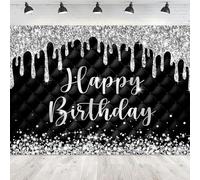 Newsely Telón de fondo negro y plateado para cumpleaños, 7 pulgadas de ancho x 5 pulgadas de alto, fotografía de mujer y niña, feliz cumpleaños, moderno, lujo, Diomand, telón de fondo, moda, elegante