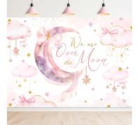 Newsely We are Over The Moon - Telón de fondo para baby shower de 7 pulgadas de ancho x 5 pulgadas de alto, fotografía, lazo rosa, luna, estrellas, nubes estrelladas, fondo de coqueta, fondo de