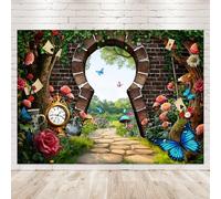 Newsely Wonderland - Telón de fondo para fiesta de té encantado de 7 pulgadas de ancho x 5 pulgadas de alto, fotografía de primavera para niños, cuento de hadas, hierba verde, flores, ladrillo, pared,