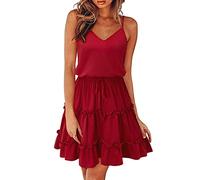 Newshows Mujeres 2024 Verano Espaguetis Vestido sin Mangas con Cuello en V Vestido de Playa(Vino Tinto, L)