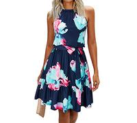 Newshows Señoras Verano Halter Floral Patrón Casual Vestidos Sin Mangas Ruffle Sundress con Bolsillos