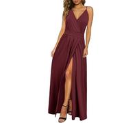 Newshows Vestido de Verano para Mujer Cuello en V Abertura Largo Maxi Elegante para Invitada de Boda(Rosso Scuro, Smal)