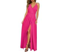 Newshows Vestido de Verano para Mujer Cuello en V Abertura Largo Maxi Elegante para Invitada de Boda(Rosa, XX-Large)