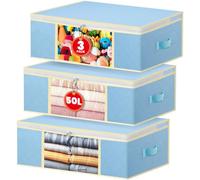 NEWSONA Pack de 3 Bolsas de Almacenamiento Plegables 50L - Azul niebla - Tela de 3 Capas con Ventana Transparente - para Ropa, Mantas, Cama, Armario