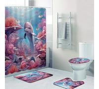 NEWSUYAA Cortinas de Ducha con alfombras de baño, Juego de 4 Piezas de delfín Coral decoración de baño Antideslizante Cubierta de Asiento de Inodoro y Ganchos, Cortinas d