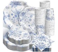 Newtay Juego de 250 platos y servilletas desechables florales azules y blancas, para 50 invitados, platos de papel desechables, servilletas, vasos para bodas, despedidas de soltera, suministros de