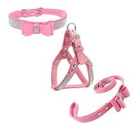 Newtensina Conjuntos de Collar y arnés y Correa para Perro Bowtie Cuello cómodo y Suave para Cachorro Diamante con arnés y Correas para Perro - Pink - XS