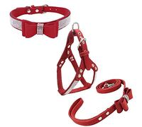 Newtensina Conjuntos de Collar y arnés y Correa para Perro Bowtie Cuello cómodo y Suave para Cachorro Diamante con arnés y Correas para Perro - Red - S