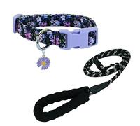 Newtensina Correa de perro con patrón de flores de moda y collar de perro con un colgante de pétalos para perros medianos y grandes (l) - morado - S