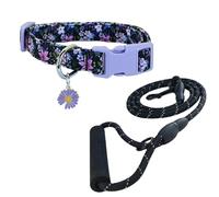 Newtensina Correa de perro con patrón de flores de moda y collar de perro con un colgante de pétalos para perros medianos y grandes (c) - morado - L