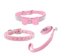 Newtensina Juego de Correa y Collar de Perro de 3 Piezas Collar de Perro de Gamuza Lindo con Pajarita Collar y Correa de Perrito para Perros pequeños Gatos