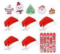 Newtic Gorros Navideños Set, 5 Piezas Gorro de Navidad de Felpa + 5 Piezas Slap Bracelets + 5 Piezas Parches Ropa Termoadhesivos, Gorro de Papá Noel, Accesorios de Navidad para Fiesta Navidad