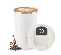 Newvenper Taza de café de acero inoxidable con indicador de temperatura LED, a prueba de fugas, con tapa, mantiene el frío y el calor, adecuado para café, té y cerveza (blanco)