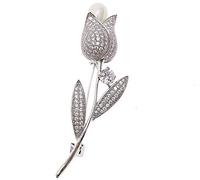 Newvision1981 Broche de moda flor rosa plata perla cristal joyería pin pecho, Large, Perla, metal, rosa, plata, diamantes de imitación