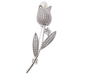 Newvision1981 Broche de moda flor rosa plata perla cristal joyería pin pecho, Large, Perla, metal, rosa, plata, diamantes de imitación