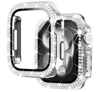 NewWays Paquete de 2 fundas compatibles con Apple Watch de 1.575 pulgadas, protector de pantalla integrado, fundas brillantes de diamantes para mujer para iWatch Series SE (2025-2020) 6 5 4, plateado