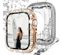NewWays Paquete de 2 fundas impermeables brillantes para Apple Watch de 1.772 pulgadas, protector de pantalla Series 9, Series 8, Series 7, para mujer, con diamantes de imitación, cubierta brillante
