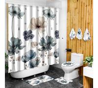 Newwiee Juego de 7 cortinas de ducha con diseño floral bohemio para decoración de baño, cortina de ducha y tapetes, toallas, alfombrilla de inodoro, impermeable, accesorios de baño de acuarela