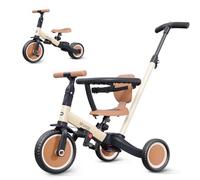 newyoo TR008 Triciclo Evolutivo 5 en 1 para Niños 1-3 Años con Barra de Seguridad y Varilla de Empuje, Regalo de Cumpleaños para Niños y Niñas, Bicicleta de Equilibrio y Juguete Montable, Caqui