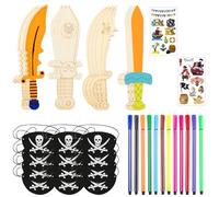 NewZC 12 Piezas Espada Pirata Niño Madera Sable Pirata Juguete de Pintura para Temática de Cosplay - Accesorios Fiesta Pirata Cuchillos Infantil con Tatuajes Infantiles Piratas y Parche