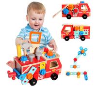 NewZC Caja Herramientas Madera Niños Camion de Bomberos Montessori con Banco de Trabajo Infantil - Juego de Herramienta Maletin Bricolaje Niño Niña Regalo Juguetes Educativos de 3 4 5 6 Años