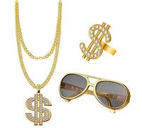 NewZC Kit de Disfraces de Hip Hop Collar de Oro + Anillo de Dólar + Gafas de sol Doradas Decoraciones de fiesta Pop de los Años 80 y 90