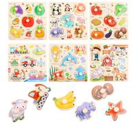 NewZC Rompecabezas Montessori Bebe Set 6 Piezas Infantil Puzzle de Madera con Mango - Juegos Educativos Temprano Preescolar Puzzle Encajable para Niños y Niñas de 1 a 4 Años