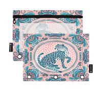 Nexawaveo Artistic Cheetah Peach - Juego de 2 estuches para carpetas de 3 anillas, cremallera suave con ventana de PVC transparente para suministros escolares