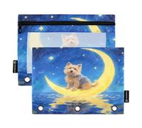 Nexawaveo Artistic Dog Moon - Juego de 2 estuches para carpetas de 3 anillas, cremallera suave con ventana de PVC transparente para suministros escolares