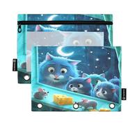 Nexawaveo Blue Cats Looking Mice by Window - Juego de 2 estuches para carpetas de 3 anillas, cremallera suave con ventana de PVC transparente para suministros escolares