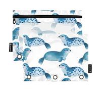 Nexawaveo Blue Dot Seal - Juego de 2 estuches para carpetas de 3 anillas, cremallera suave con ventana de PVC transparente para suministros escolares