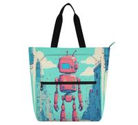 Nexawaveo Bolsa multiusos impermeable con cremallera Monkey Pirate at The Helm 600D Oxford Bolsa de la compra, Robot rojo en paisaje urbano, Talla única