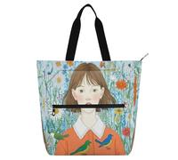 Nexawaveo Bolsa multiusos impermeable con cremallera Monkey Pirate at The Helm 600D Oxford Bolsa de la compra, Niña con pájaros flor azul, Talla única