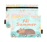 Nexawaveo Capybara Summer Light Blue - Juego de 2 estuches para carpetas de 3 anillas, cremallera suave con ventana de PVC transparente para suministros escolares