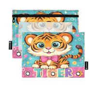 Nexawaveo Cartoon Tigers Blues - Juego de 2 estuches para carpetas de 3 anillas, cremallera suave con ventana de PVC transparente para suministros escolares