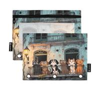 Nexawaveo Cat Dogs Old Building - Juego de 2 estuches para carpetas de 3 anillas, cremallera suave con ventana de PVC transparente para suministros escolares