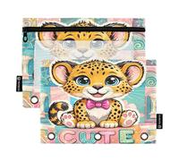 Nexawaveo Chibi Cheetah Pastel - Juego de 2 estuches para carpetas de 3 anillas, cremallera suave con ventana de PVC transparente para suministros escolares