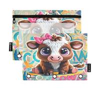 Nexawaveo Chibi Cow - Juego de 2 estuches multicolor para carpetas de 3 anillas, cremallera suave con ventana de PVC transparente para suministros escolares