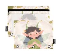 Nexawaveo Chibi Fairy Green - Juego de 2 estuches para carpetas de 3 anillas, cremallera suave con ventana de PVC transparente para suministros escolares