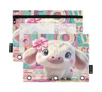 Nexawaveo Chibi Highland Cow - Juego de 2 estuches para carpetas de 3 anillas, cremallera suave con ventana de PVC transparente para suministros escolares