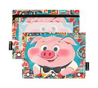 Nexawaveo Chibi Pig - Juego de 2 estuches multicolor para carpetas de 3 anillas, cremallera suave con ventana de PVC transparente para suministros escolares