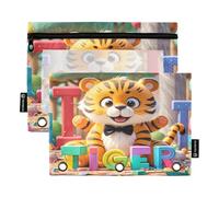 Nexawaveo Chibi Tigers - Juego de 2 estuches multicolor para carpetas de 3 anillas, cremallera suave con ventana de PVC transparente para suministros escolares