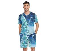 Nexawaveo Conjunto de pijama de manga corta para hombre, pantalones de dormir con bolsillo, tallas S-2XL, Pintura al óleo, árbol azul noche, Medium